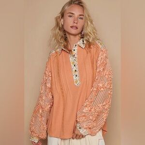 POL Floral Half Button Lace Detail Long Sleeve Top - Size L